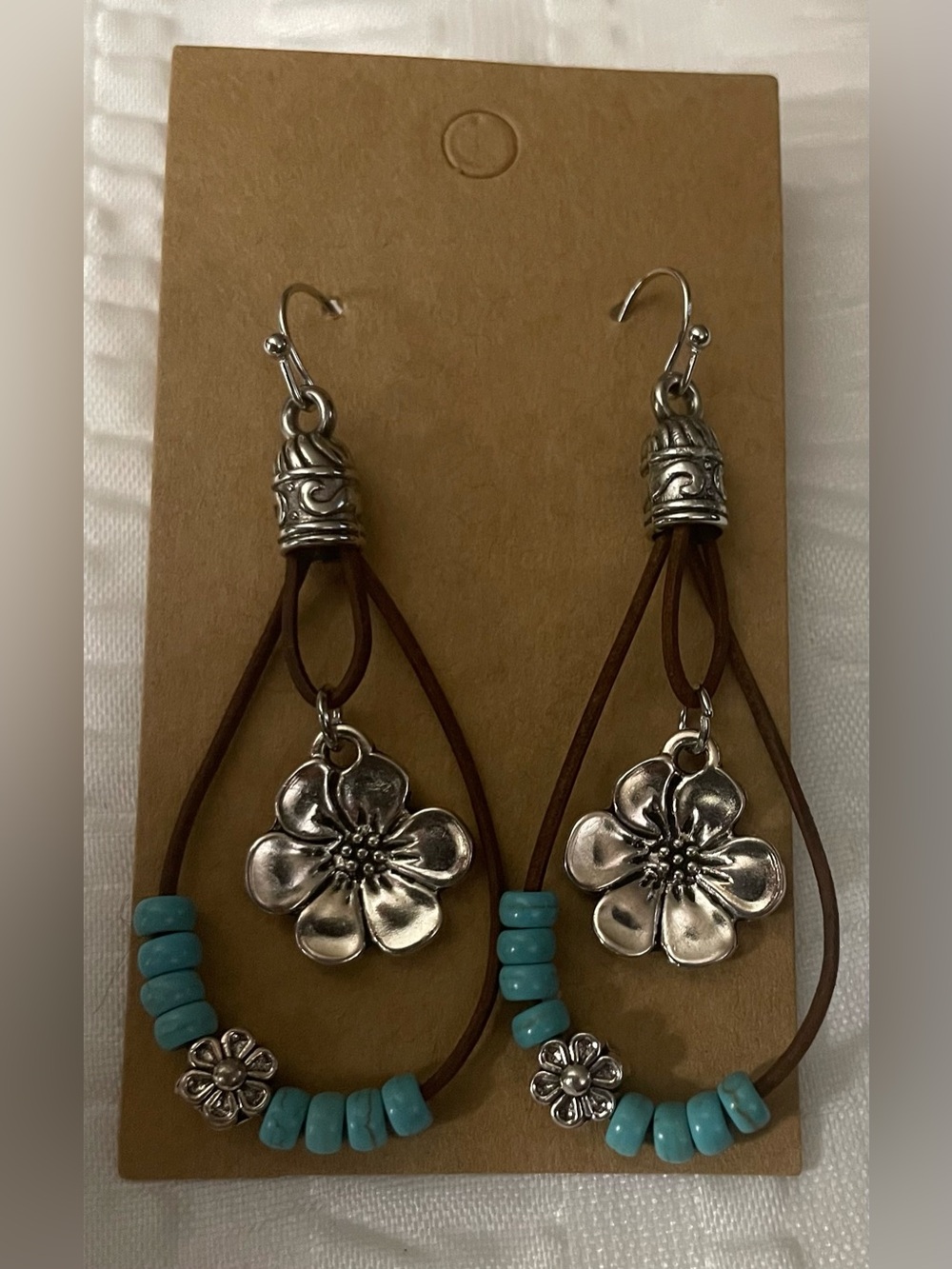 Silver Flower and Turquoise Bead Dangle Earrings - Brown